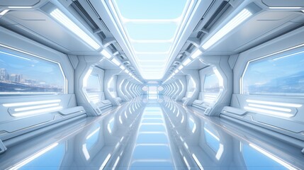 Fototapeta premium Futuristic White Corridor with Cityscape View