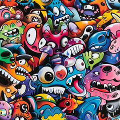 Fototapeta premium A vibrant graffiti-style artwork featuring an array of cartoon characters and creatures, all intricately designed with bold lines and bright colors