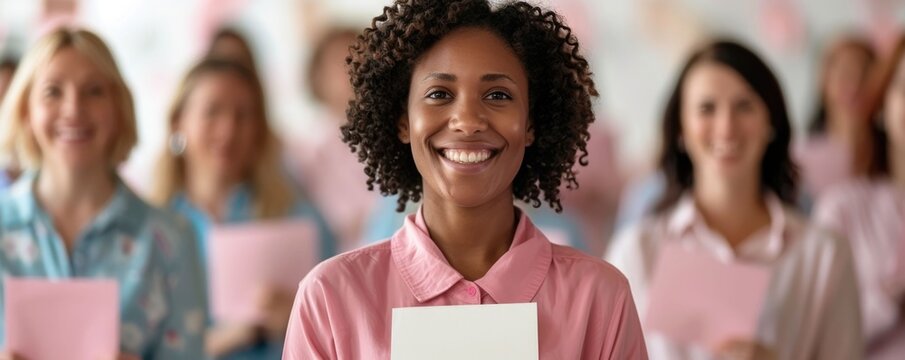 Smiling diverse group of volunteers being celebrated with certificates and applause at an appreciation event