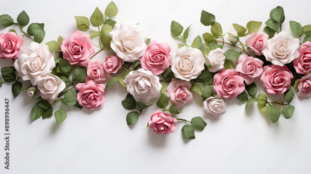 Poster Elegant Pink Roses With Green Foliage On A White Background