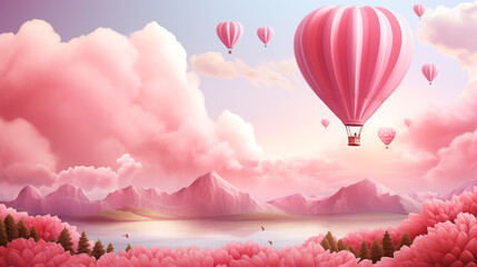 Obraz premium Pastel Landscape With Pink Hot Air Balloons Over Mountainous Terrain