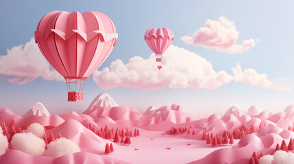 Fototapeta premium Heart Shaped Hot Air Balloons Over Pink Mountains and Forest