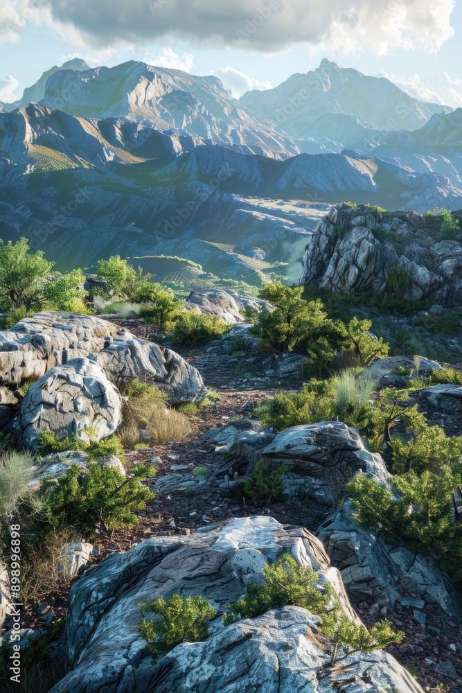 Poster a scenic view of a mountain range with rocky terrain and lush trees