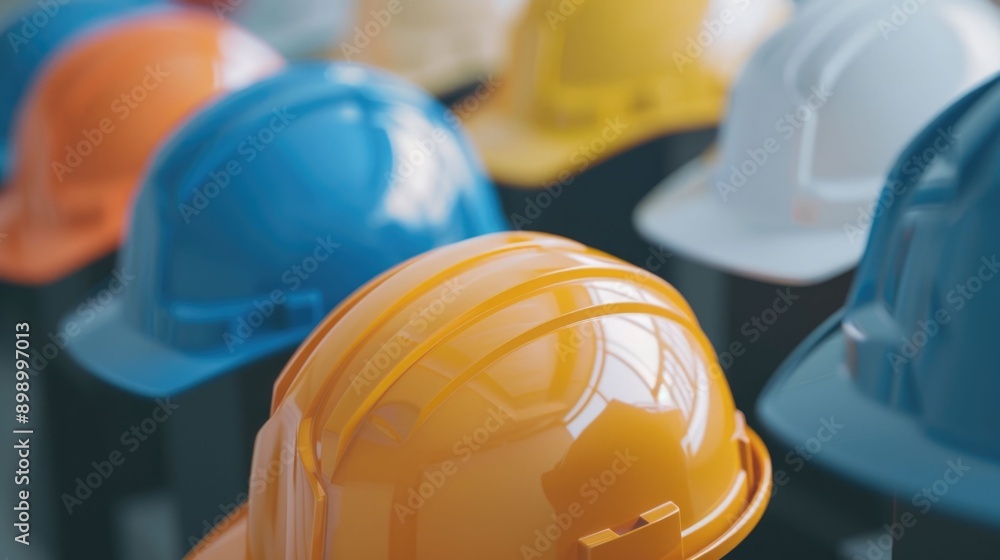 Poster assortment of colorful construction hard hats on display with blurred background various safety helm
