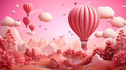 Pink Hot Air Balloons Floating Over A Dreamy Mountain Landscape With Heart Shapes In The Sky