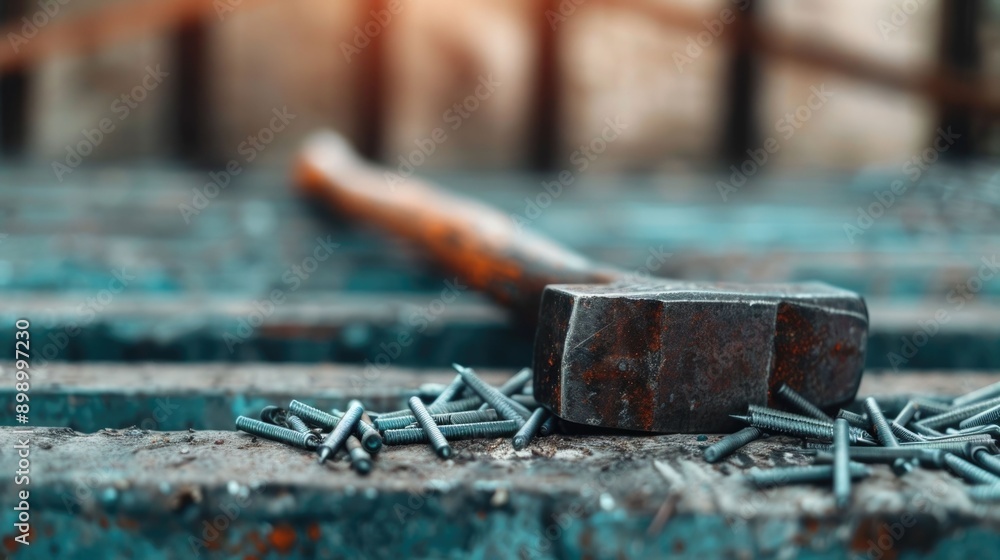 Poster hammer and nails set up for a carpentry or diy project in a deep blurred rustic setting wooden backg