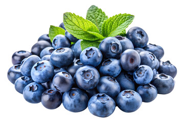 Blueberries with green leaves floating in the air, isolated on a transparent background