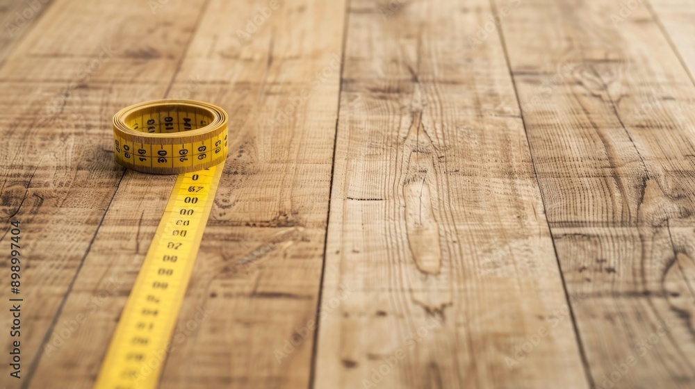 Poster closeup of a yellow measuring tape laid out in an arrangement on a weathered wooden surface with a d