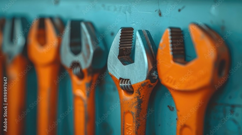 Poster close up shot of an assortment of adjustable spanners wrenches and other metallic hand tools neatly 