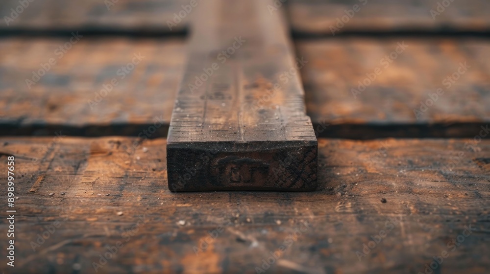Poster closeup of a worn and weathered carpenter s square tool lying on a rustic vintage wooden plank with 