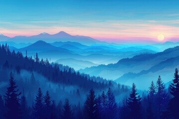 A picturesque mountain range with trees in the foreground, perfect for use in landscape and nature-themed designs