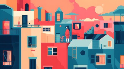 Woman Standing on a Rooftop in a Colorful Cityscape