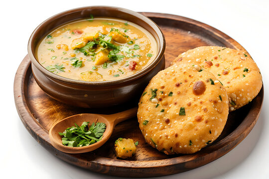 Plate of tasty Daal Baati Churma with on white background.
