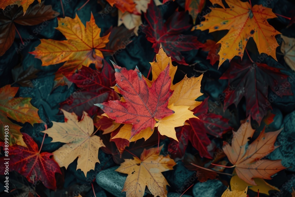 Poster a close-up shot of a cluster of fallen leaves on the ground, with natural textures and colors