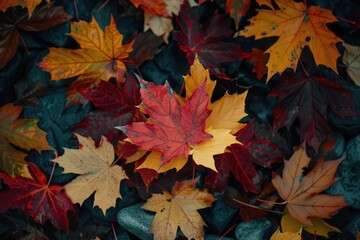 Fototapeta premium A close-up shot of a cluster of fallen leaves on the ground, with natural textures and colors