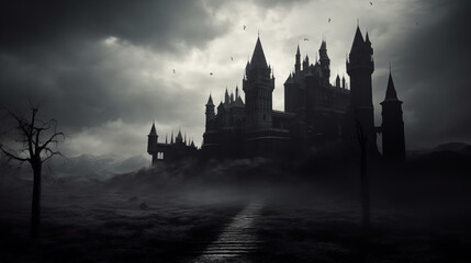Fototapeta premium Foreboding Gothic Castle, Darkly Lit, Silhouette, Moody Ambience, generative AI