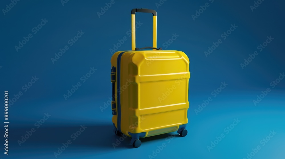 Wall mural A yellow suitcase with wheels on a blue background, great for travel or adventure images