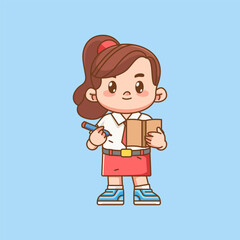 Cute girl Indonesian student elementary school takes note kawaii chibi character mascot illustration