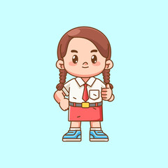 Cute girl Indonesian student elementary school thumbs up kawaii chibi character mascot illustration