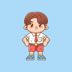 Cute boy Indonesian student elementary school standing pose kawaii chibi character mascot illustration