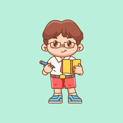 Cute boy Indonesian student elementary school take notes kawaii chibi character mascot illustration