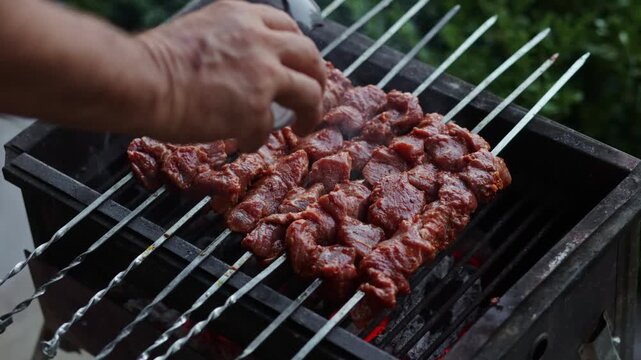 Adana kebab barbecue on charcoal grill. Traditional Turkish lamb kebab grilled on skewers. Culinary Traditional Smoky Barbeque. Roasted Halal Shish Meat.