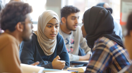 Diverse group of multiracial students engaging in collaborative study session at an educational setting, emphasizing inclusion, cultural exchange, and teamwork