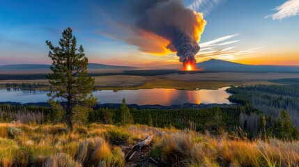 Fototapeta premium Dramatic Sunset with Wildfire Smoke Over Lake