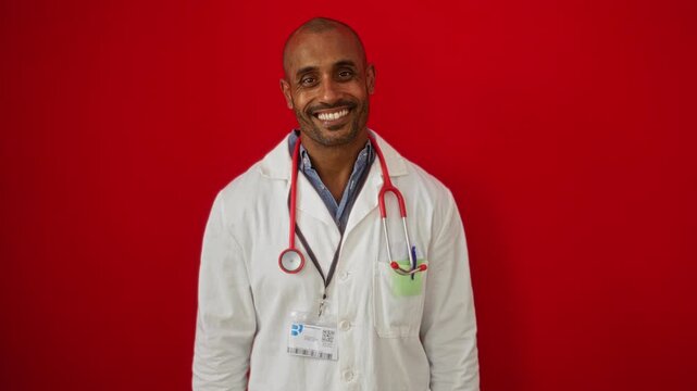 Confident male doctor with a stethoscope and id badge standing against a vivid red background