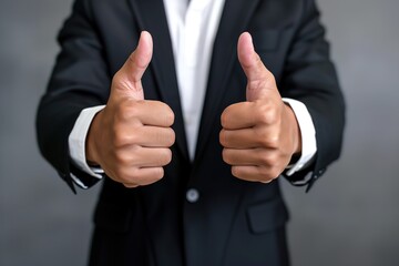 Businessman Giving Double Thumbs Up Gesture in Professional Attire