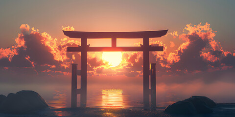 Um portão Torii japonês tradicional ao pôr do sol