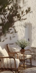 White Wall Patio With Rattan Chairs And White Flowers
