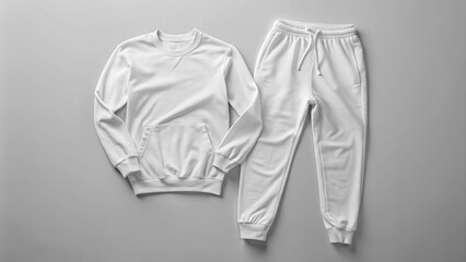 Empty white tracksuit top and pants laid flat on a minimalist background, awaiting your design, with creases and folds for a realistic mockup presentation.