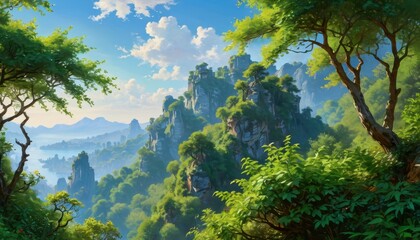 Obraz premium Majestic Mountain Landscape with Lush Greenery and Blue Sky.