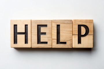 A wooden sign with bold black letters reading "help" isolated on a white background, symbolizing a call for assistance or support in a minimalist environment.