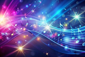 Vibrant abstract music background featuring swirling patterns of blue and purple waves, resembling musical notes, with shimmering lights and starburst effects.