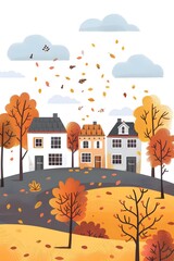Autumn Village Landscape With Colorful Houses And Trees