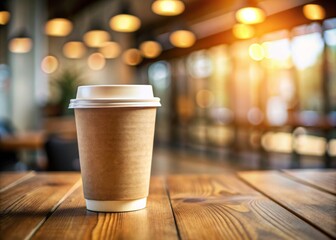 Warm and inviting coffee cup mockup on a blurred background, featuring a paper cup on a wooden surface, perfect for showcasing coffee on-the-go promotions.