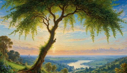 Majestic Tree Overlooking a River Valley at Sunset.