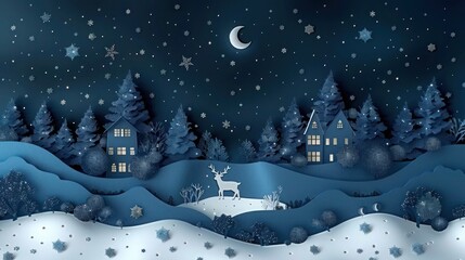 Fototapeta premium Merry Christmas Village with Deer and Santa's Sleigh in Winter Night Sky - Festive Horizontal Banner with Snowy Fir Trees and Paper Cut-Outs of Deer, Snowfall, and Moon in the Background.