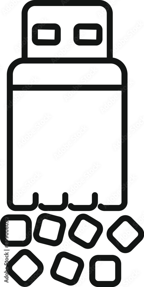 Poster usb flash drive losing data depicted with squares falling from device outline icon, simple data loss
