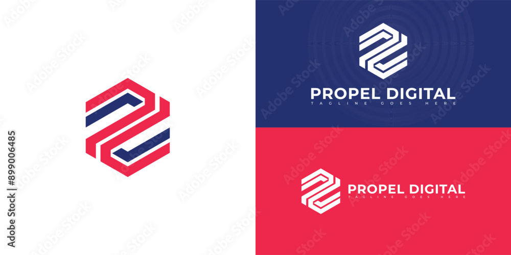 Poster abstract hexagon initial letter pd or dp in red-blue color isolated on multiple background colors. t