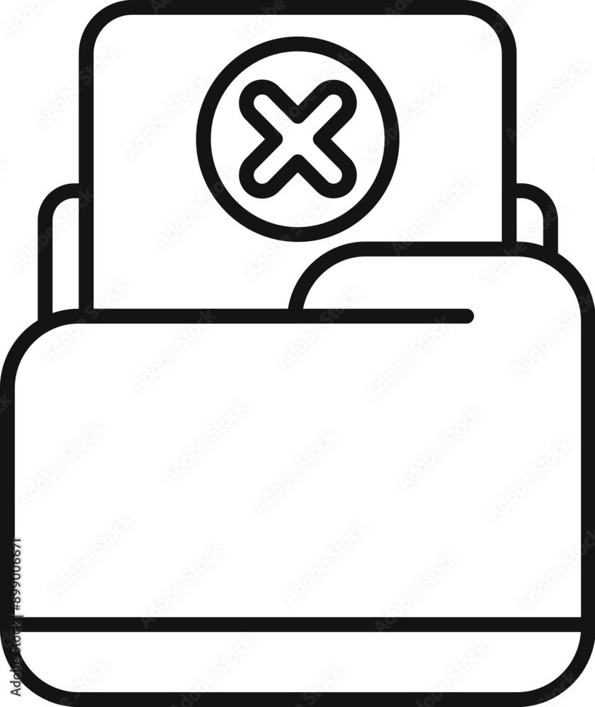 Poster line art icon of an archive folder rejecting a document with an error cross mark