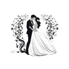 illustrations (line art) that can be used as coloring pages for a wedding: bride and groom