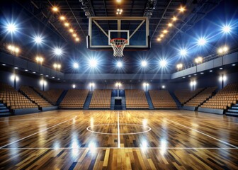 Empty modern basketball stadium with shiny wooden floor, bright lights, and tall bleachers waiting for an exciting game to begin.
