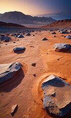 Fototapeta premium Desert Landscape with Blue Rocks and Mountains at Sunset.