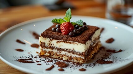 Tiramisu cake on a white plate on a wooden table