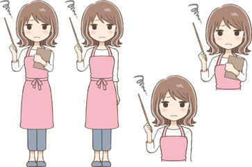 A Woman in an Apron with a Troubled Expression Explaining with a Pointer