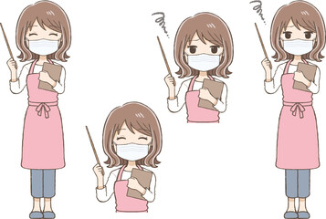 A Woman in an Apron and Mask Explaining with a Pointer