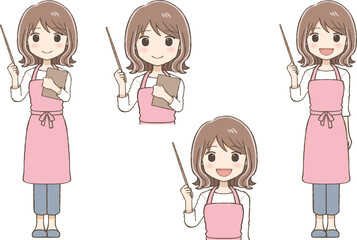 A Woman in an Apron Holding a Pointer and Explaining with a Smile